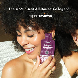 Woman holding a purple 'zooki' collagen package with text about it being the UK's 'Best All-Round Collagen'.