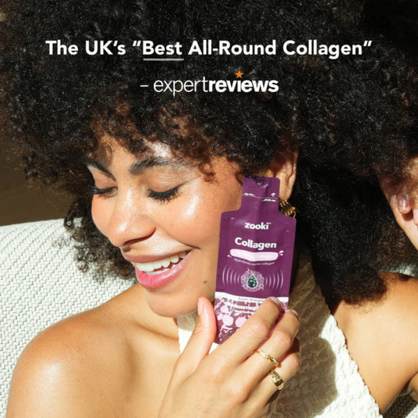 Woman holding a purple 'zooki' collagen package with text about it being the UK's 'Best All-Round Collagen'.