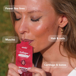 A close-up lifestyle shot of a woman drinking from a red Zooki Collagen pouch, with text overlays indicating benefits like 'Fewer fine lines', 'Muscles', 'Hair & nails', and 'Cartilage & bones'.
