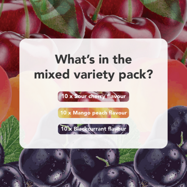 A promotional graphic for a mixed variety pack showing a semi-transparent white rounded rectangle in the center with the text 'What's in the mixed variety pack?' and three flavor callouts: 10 x Sour cherry flavour, 10 x Mango peach flavour, and 10 x Blackcurrant flavour. The background is a close-up collage of fresh fruits including red cherries, peaches, and dark plums.