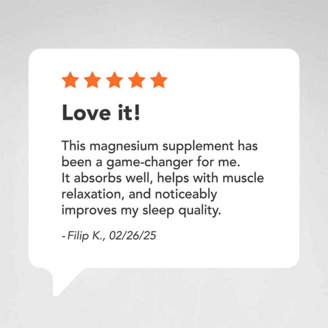 A white speech-bubble style review card on a light gray background, showing five orange stars, the text 'Love it!', a positive testimonial about a magnesium supplement, and a signed date.