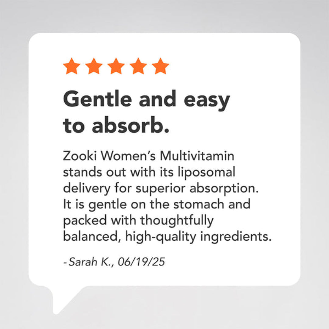A white rounded speech-bubble style card on a light gray background with orange star icons and text reading 'Gentle and easy to absorb.' and a review quote attributed to Sarah K.