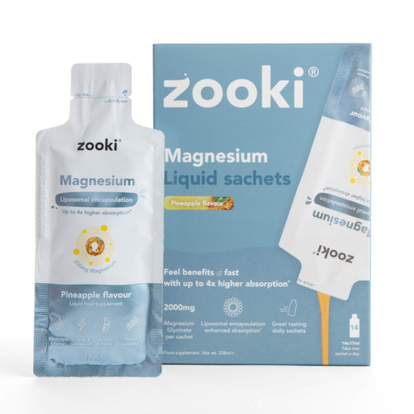 Zooki Magnesium liquid sachets with packaging on a white background
