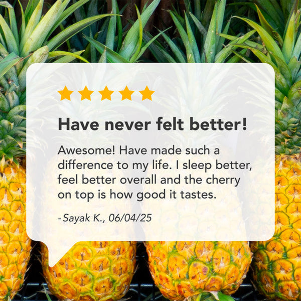 A promotional graphic featuring a large white speech-bubble style review card overlaid on a background of several pineapples. The card contains a five-star rating and a customer testimonial quote attributed to Sayak K.