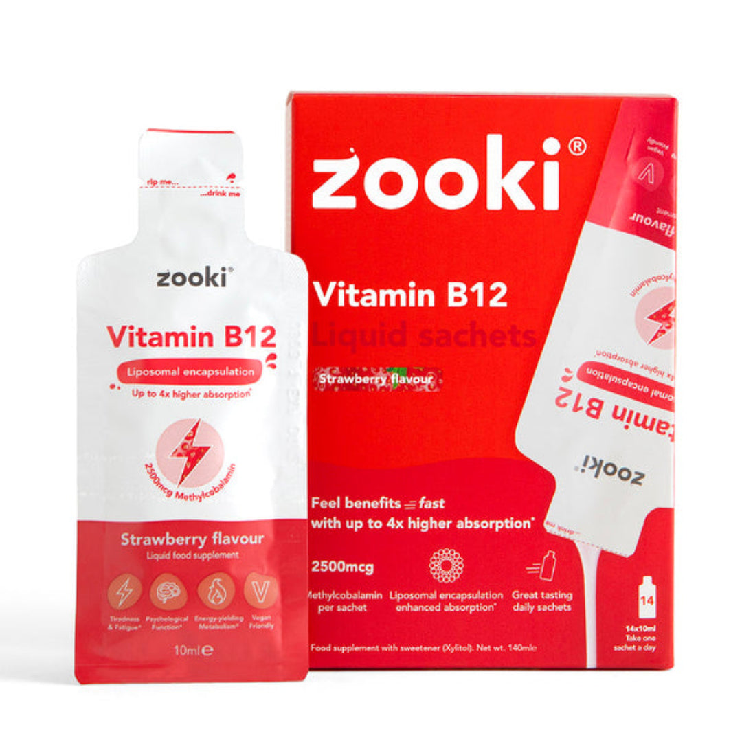 Zooki Vitamin B12 liquid sachets packaging on a white background