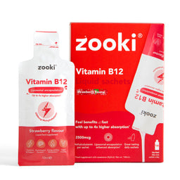 Zooki Vitamin B12 liquid sachets packaging on a white background