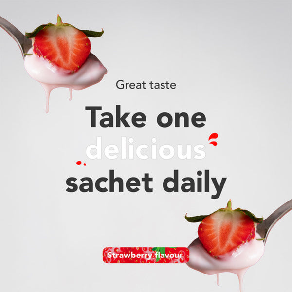 Spoon with strawberry halves dipped in a creamy substance, with text promoting a 'delicious sachet daily' on a light gray background.