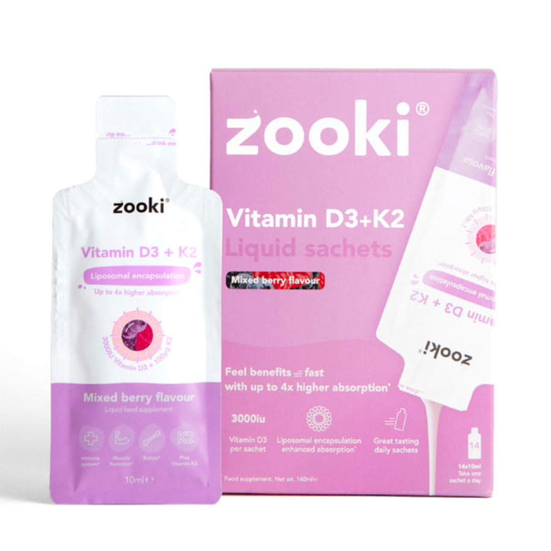 Zooki Vitamin D3+K2 liquid sachets packaging on a white background