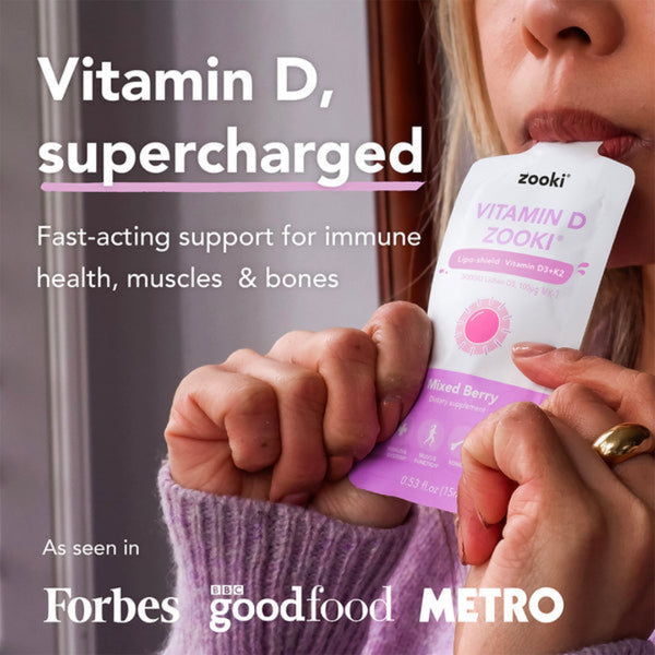 Person holding a Zooki Vitamin D supplement with text about its benefits and media mentions.