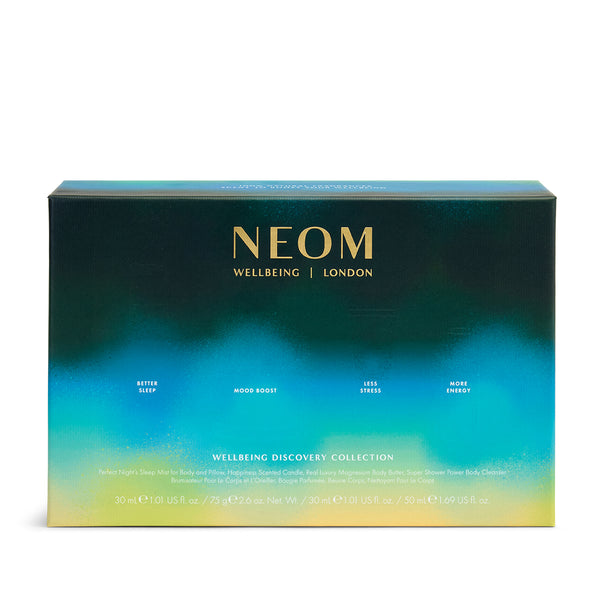 NEOM wellbeing collection box with gradient design on a white background