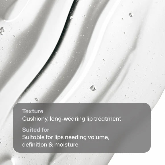 Close-up of a lip treatment texture with descriptive text overlay