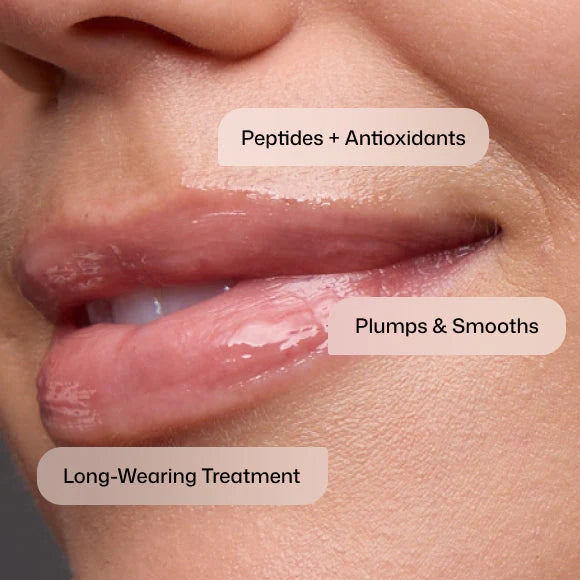 Close-up of a person's lips with overlaid text labels reading 'Peptides + Antioxidants,' 'Plumps & Smooths,' and 'Long-Wearing Treatment.'.