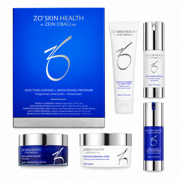 A 203 SKIN HEALTH by Zein Obagi MD skincare gift set featuring a blue and white outer box, a white tube of Gentle Cleanser, a white tube of Skin Toner, a white jar of Exfoliating Polish, a white jar of Contour Renewal pads, and a blue tube of Brightening Serum, arranged on a white background.