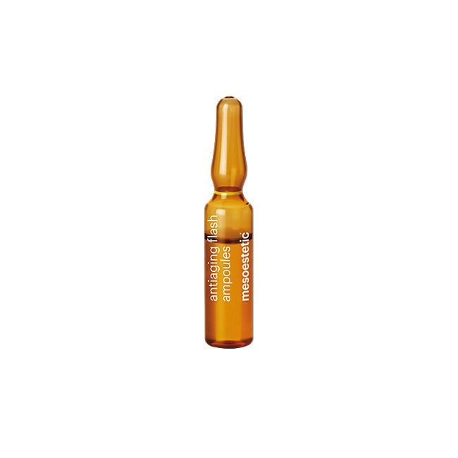 An amber glass ampoule vial with white text reading 'antioxidant flash ampoule mesostatic' on a plain white background.