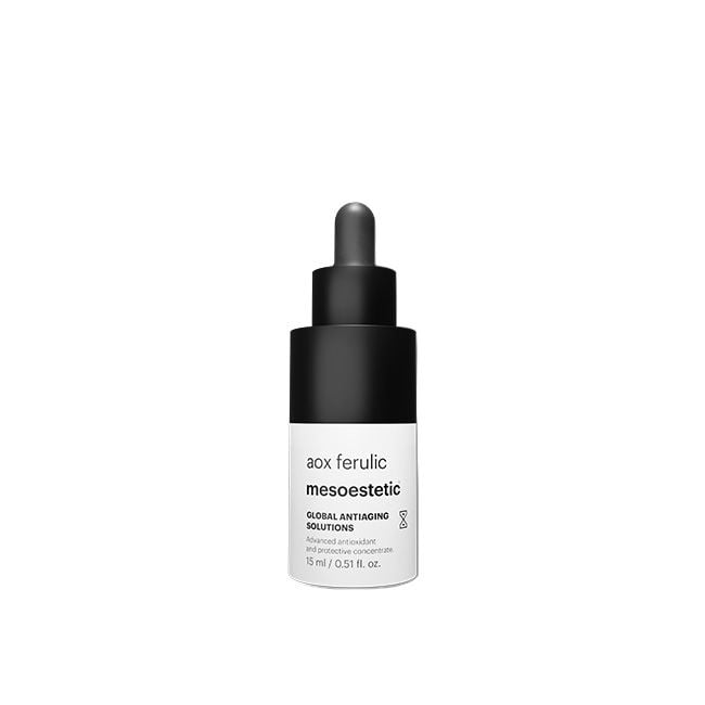 A0X Ferulic Mesoesthetic Global Anti-Aging Solutions serum in a 15 ml dropper bottle, featuring a black cap and a white label with black text, centered on a plain white background.