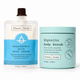 A Frank Body skincare set featuring a 50ml Hyaluronic Acid Body Serum in a white squeeze pouch with a blue label and a 250g Glycolic Body Scrub in a light blue plastic jar, shown on a white background.