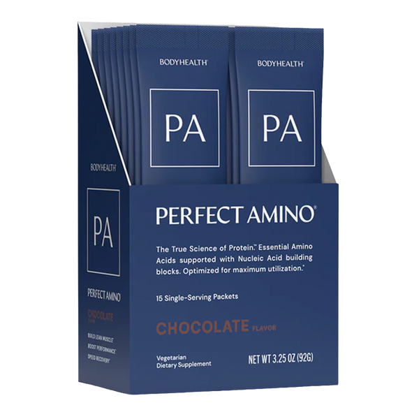Box of Perfect Amino supplement packets with blue packaging on a white background