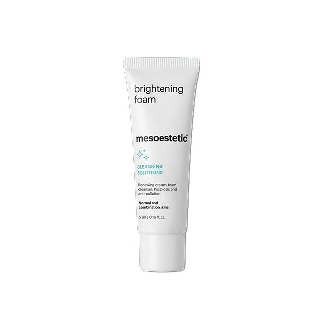 A 5 ml white squeeze tube of mesoestetic Brightening Foam Cleansing Solution, centered on a plain white background.