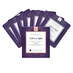 A set of FOREO Call It a Night activated facial masks fanned out behind the outer packaging on a clean white background.