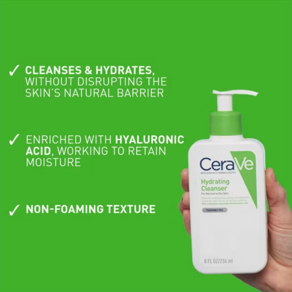 A hand holding a bottle of CeraVe Hydrating Cleanser against a bright green background with three white text callouts describing the cleanser's benefits.