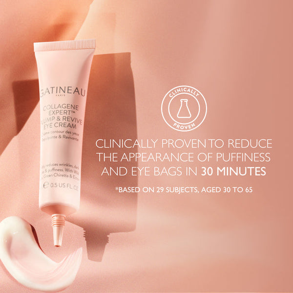 Eye cream tube with text on a pink background