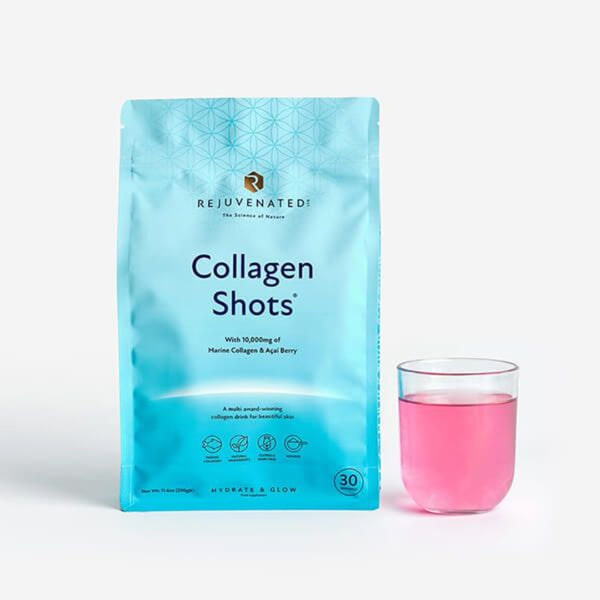 Rejuvenated Collagen Shots sachet with a full cup next to the bag