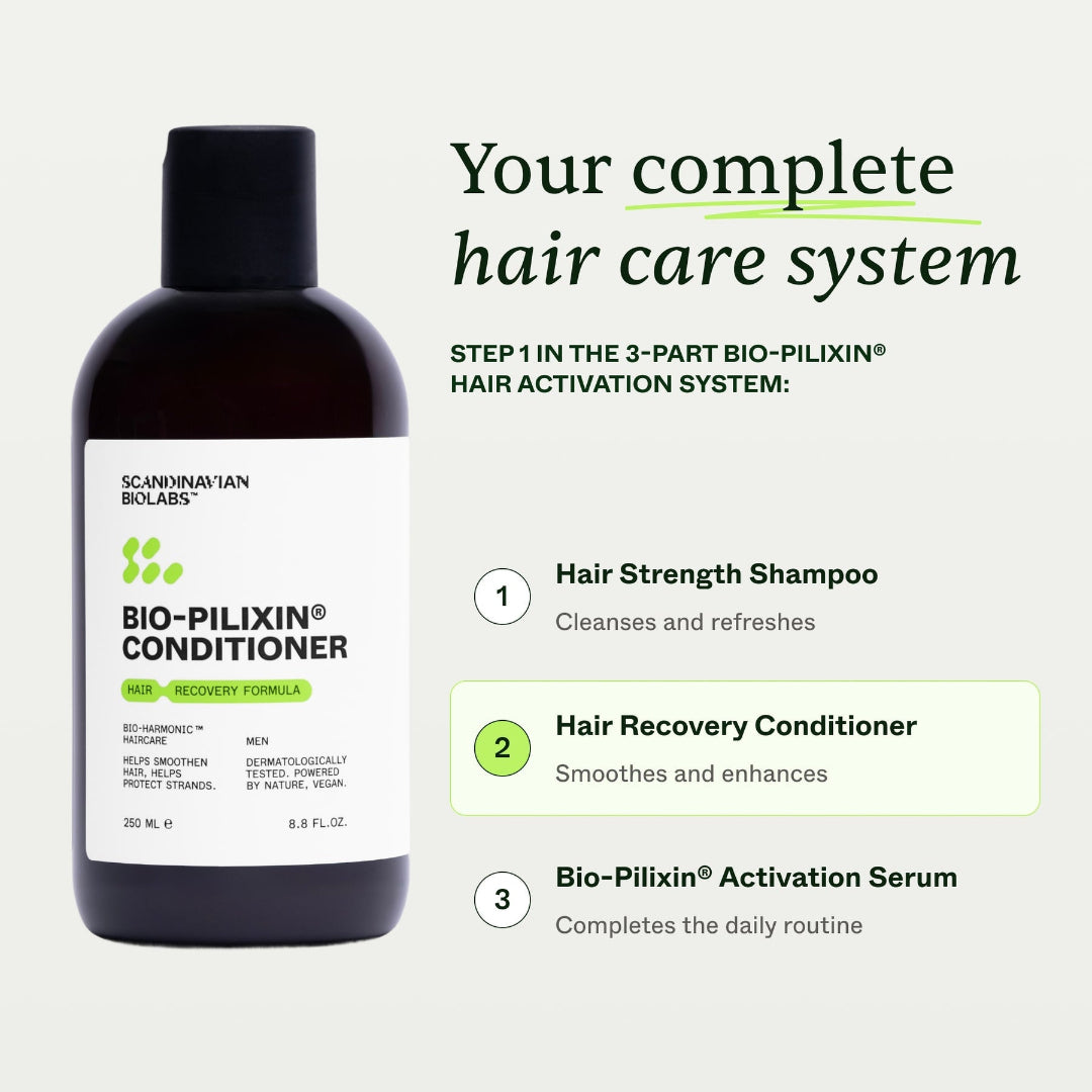 Bottle of Scandinavian Botanics BIO-PILIXIN conditioner with text about a hair care system on a white background.