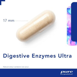 A beige capsule-shaped product labeled '17 mm' with the text 'Digestive Enzymes Ultra' on a white background, with a blue and purple branded side panel and the Pure Encapsulations logo at the bottom.