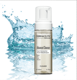 Dermaceutic Advanced Cleanser Expert Cleansing Foam bottle with splashed water behind it