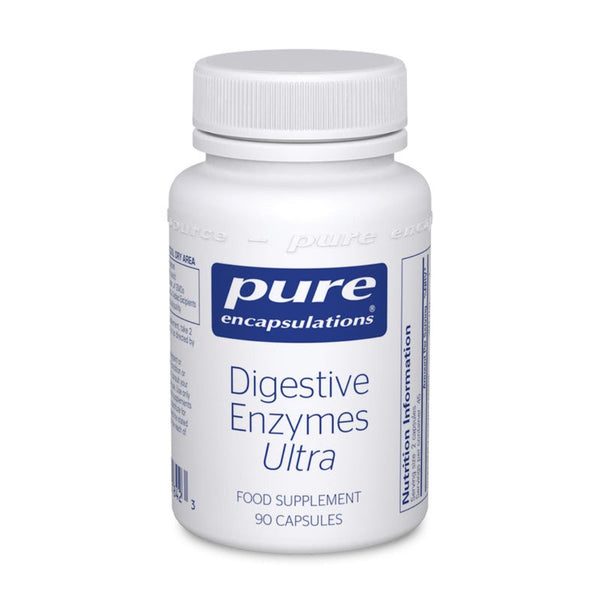 A white plastic bottle of Pure Encapsulations Digestive Enzymes Ultra food supplement, 90 capsules, on a clean white background.