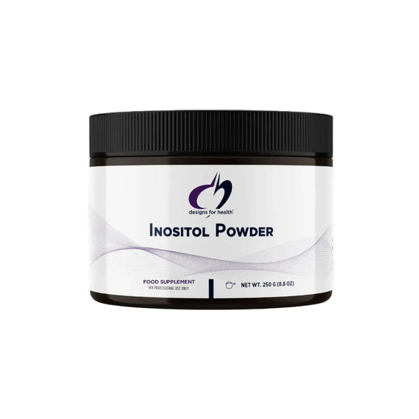 Jar of Inositol Powder with a black lid on a white background