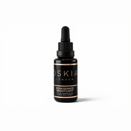 A small black dropper bottle of Roskie London Renaissance Brightlight Hyalu-Pigmentation Exfoliating Treatment on a clean white background.