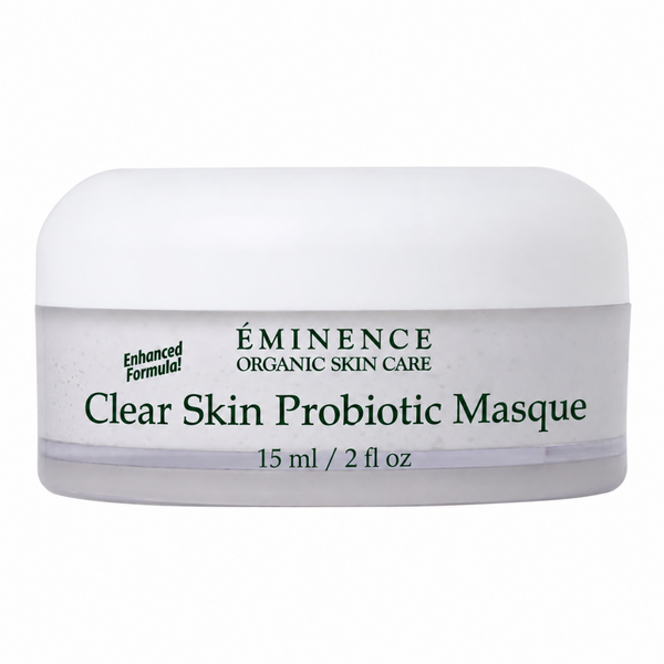 A white jar of Éminence Organic Skin Care Clear Skin Probiotic Masque, 15 ml / 2 fl oz, on a plain white background.