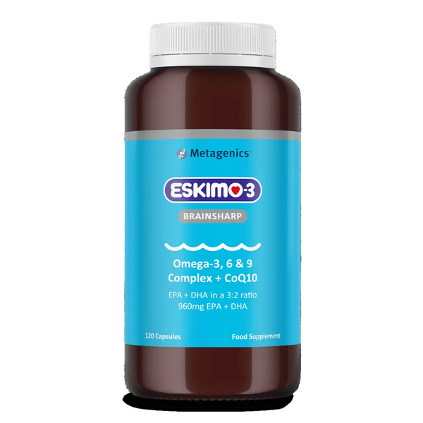 Metagenics Eskimo 3 Brainsharp supplement bottle on a transparent background