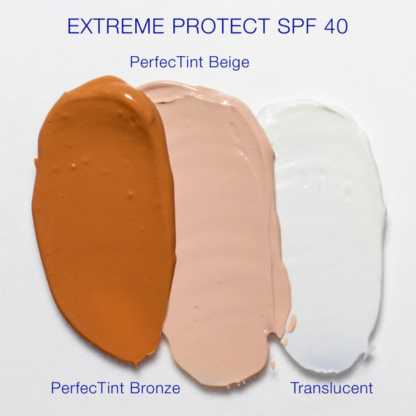 Three swatches of foundation in PerfecTint Beige, Bronz, and Translucent on a white background.