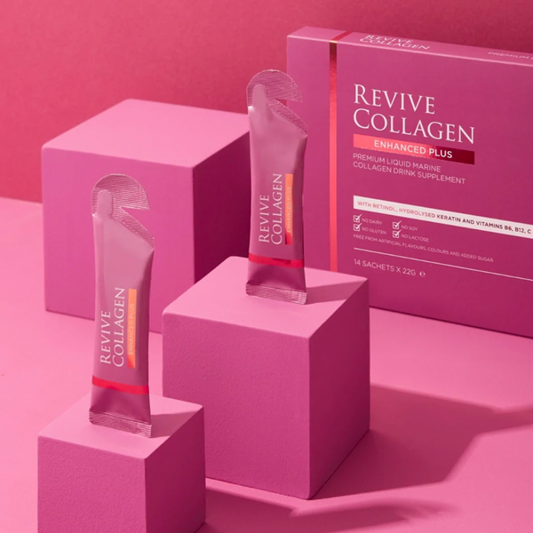 two sachets of Revive Collagen Enhanced on pink blocks