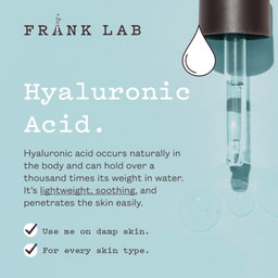Frank Lab hyaluronic acid product with text on a light blue background