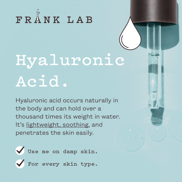 Frank Lab hyaluronic acid product with text on a light blue background