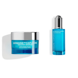 A skincare set featuring a blue jar of Germaine de Capuccini Timeexpert Skinresist cream and a matching blue dropper bottle with a silver cap, displayed on a clean white background.