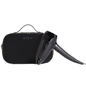 Black hair dryer with a matching carrying case on a white background