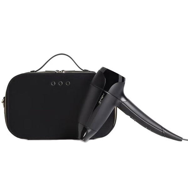 Black hair dryer with a matching carrying case on a white background