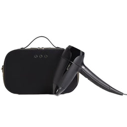 Black hair dryer with a matching carrying case on a white background