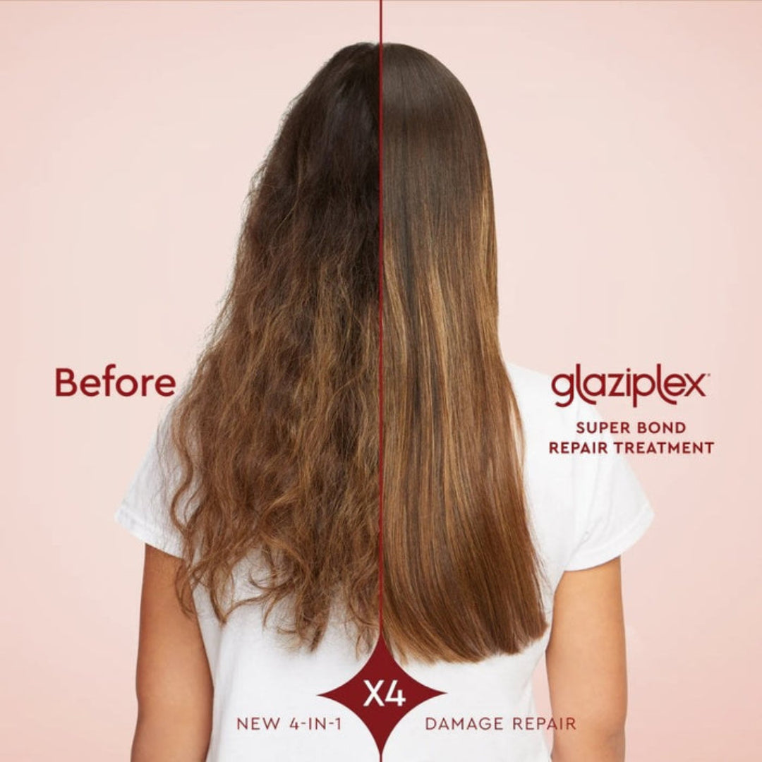 Before and after comparison of hair with Glaziplex treatment on a pink background