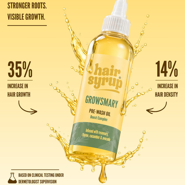 A bottle of Growsmary Hair Syrup pre-wash oil floating in a golden liquid splash on a yellow background, with marketing text highlighting increased hair growth and hair density.
