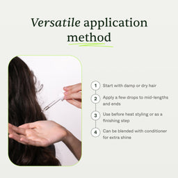 Instructions for using a hair care product with text and a person applying it to hair.