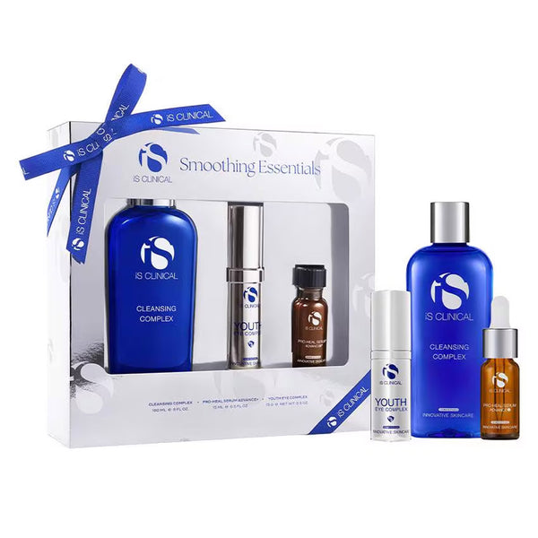 IS Clinical smoothing essentials set with blue and white packaging on a white background