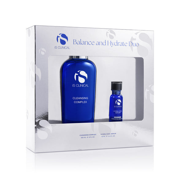 IS Clinical Balance and Hydrate Duo packaging with two blue bottles inside.