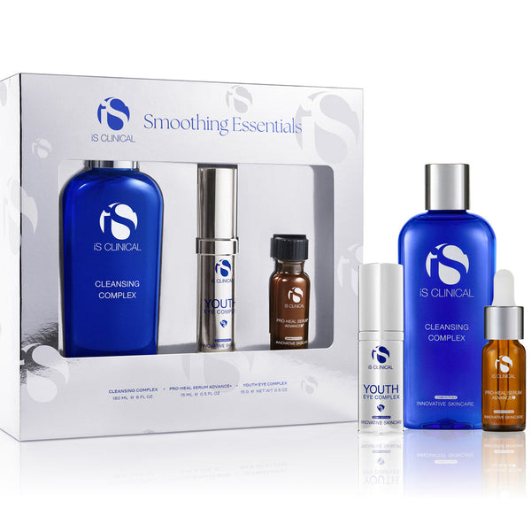 IS Clinical smoothing essentials set with blue and white bottles on a white background