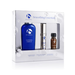 IS Clinical Smoothing Essentials set with blue cleansing complex bottle and smaller bottles in a white box packaging.