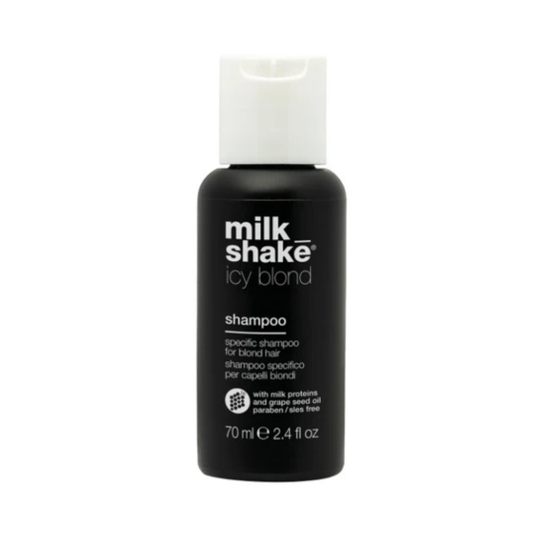 A 70 ml bottle of Milk Shake Icy Blond shampoo, featuring a matte black bottle and a white flip-top cap, set against a plain white background.
